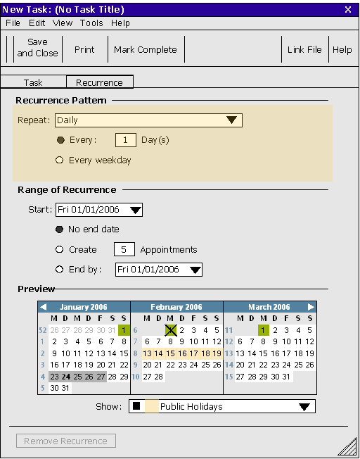 Task Dialog - Recurrence Pane