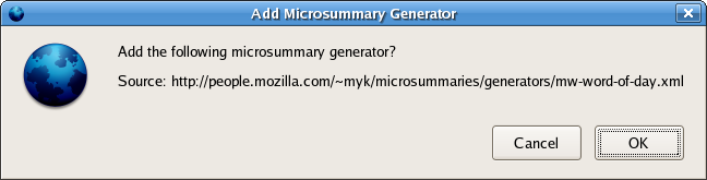 screenshot of Add Microsummary Generator confirmation dialog